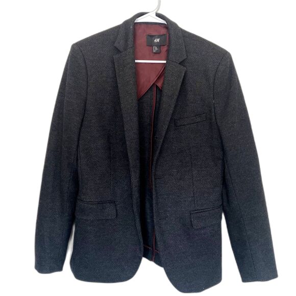H&M Men's Wool Blend Blazer 3 Button Front Business Dressy Dark Gray Size 36R - Picture 1 of 4